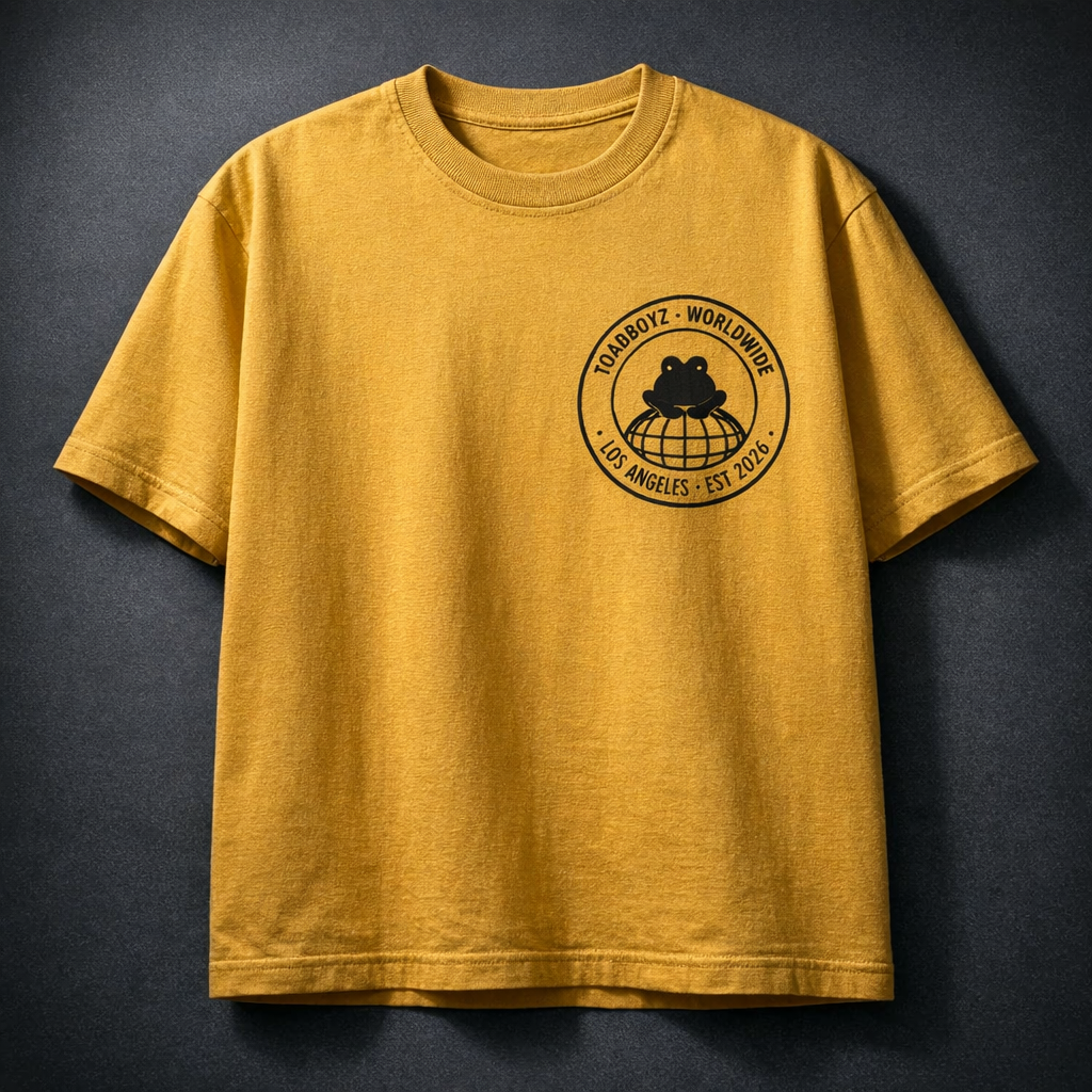 Toadboyz Worldwide Tee front — mustard