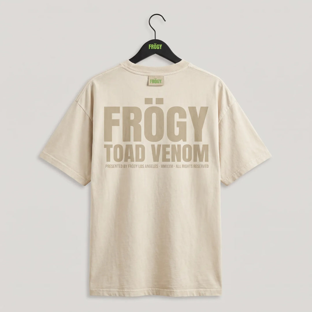 Frögy Toad Venom Halftone Tee in Bone, back — tonal stacked FRÖGY over TOAD VENOM