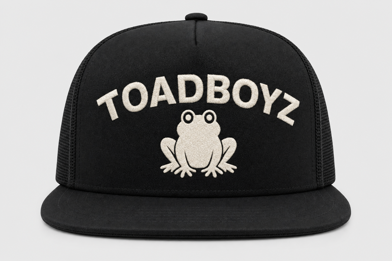 Frögy Trucker Snapback — Black/Bone, TOADBOYZ arched + bone toad front layout