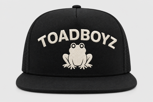 Frögy Trucker Snapback — Black/Bone, TOADBOYZ arched + bone toad front layout