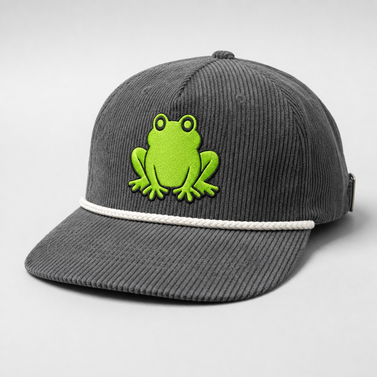 Corduroy rope cap — Grey & Venom colorway (white rope, venom toad)