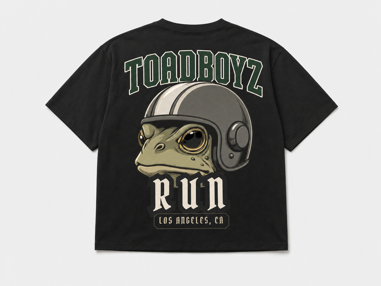 Toadboyz RUN Tee — black, full-back RUN graphic