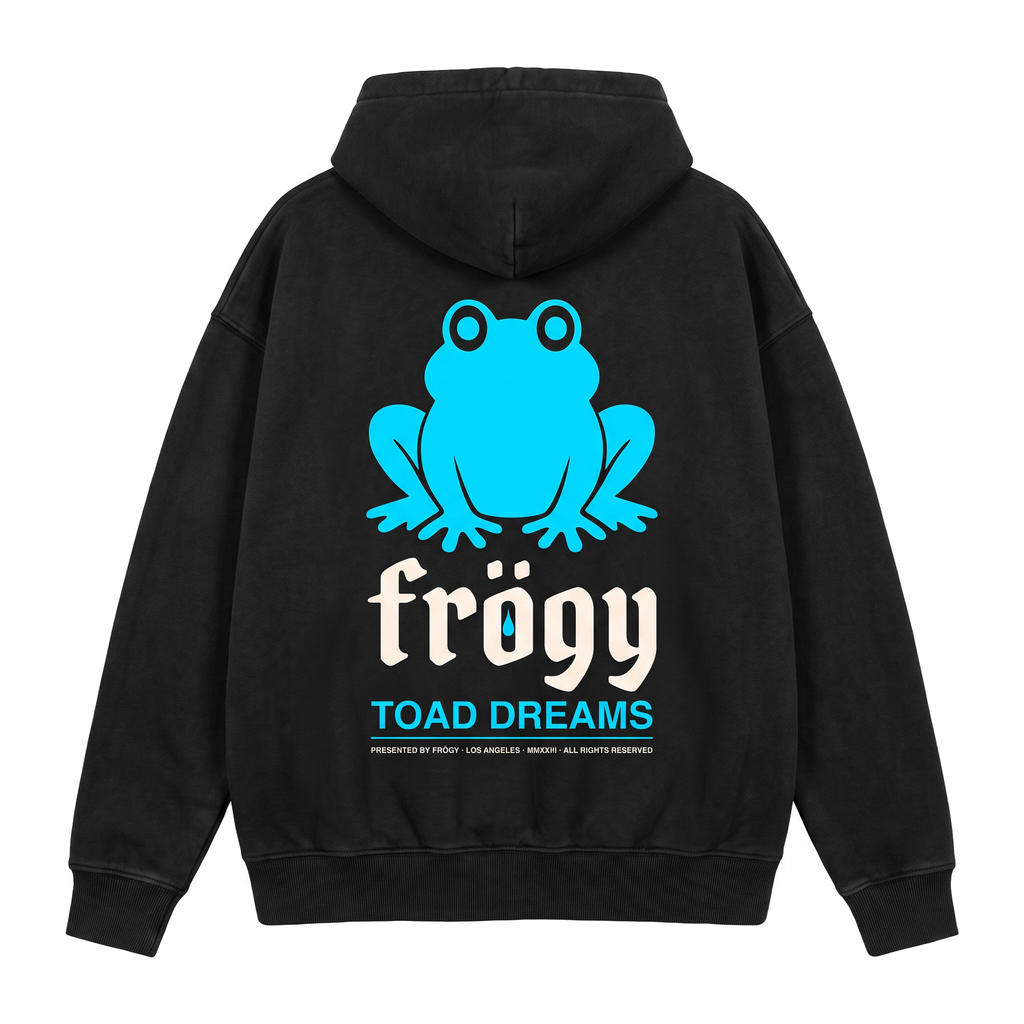 Frögy Toad Dreams Hoodie back - cyan toad mascot + blackletter frögy