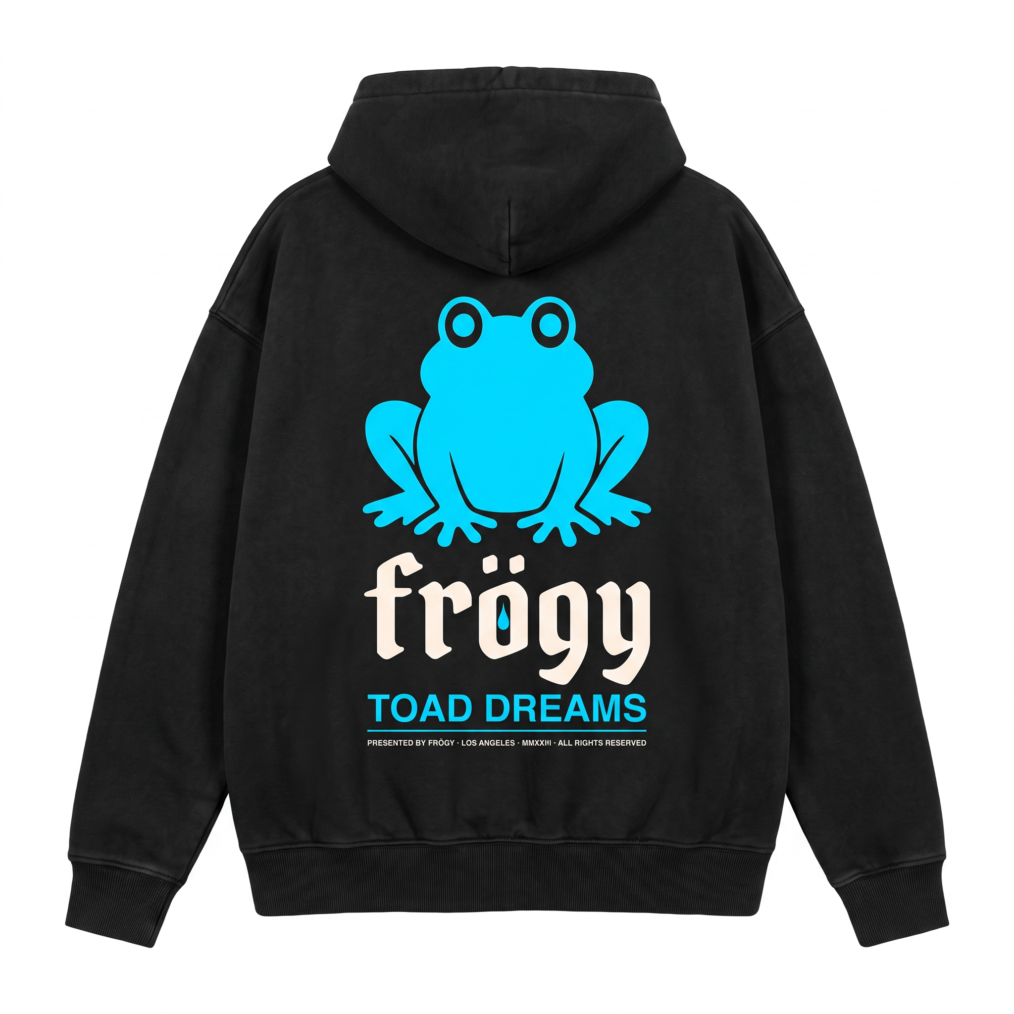Frögy Toad Dreams Hoodie back - cyan toad mascot + blackletter frögy