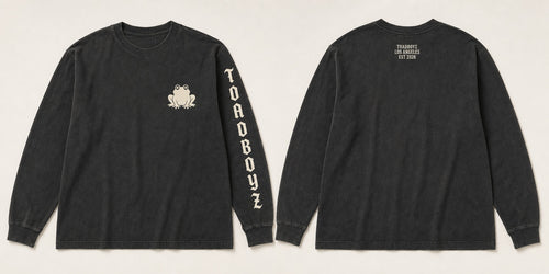 Frögy Heavyweight L/S · Drop 001. Washed black, bone-cream toad chest hit, sleeve wordmark, back yoke micro type.