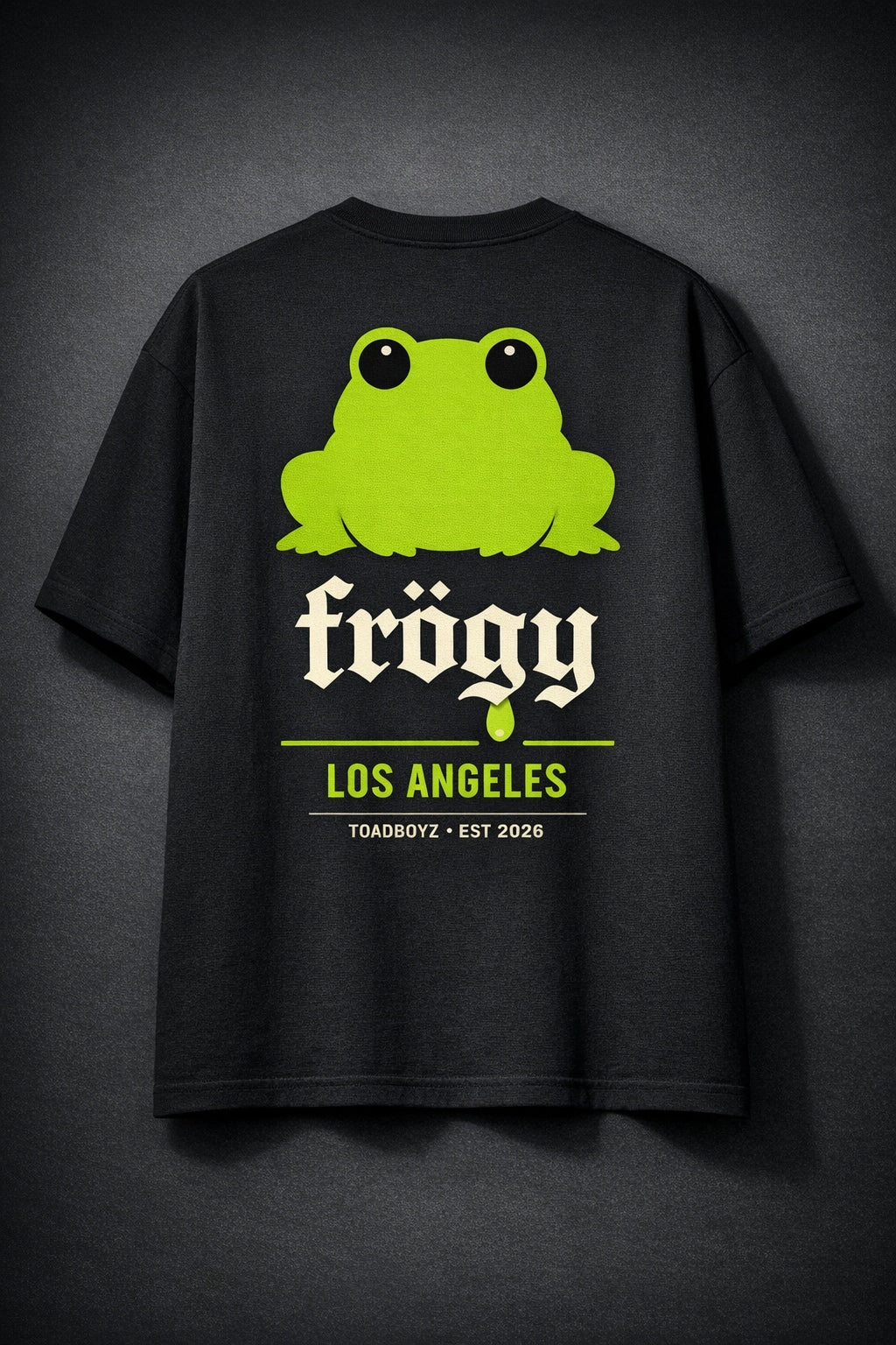 Frögy LA City Seal Tee — back, black, eyes-only toad + blackletter frögy Los Angeles