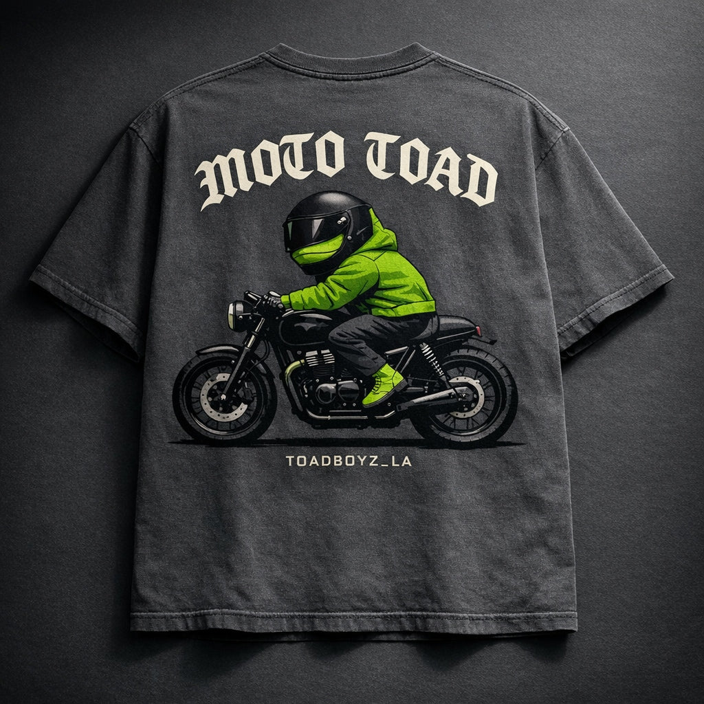 Toadboyz Moto Toad Tee — back, washed charcoal