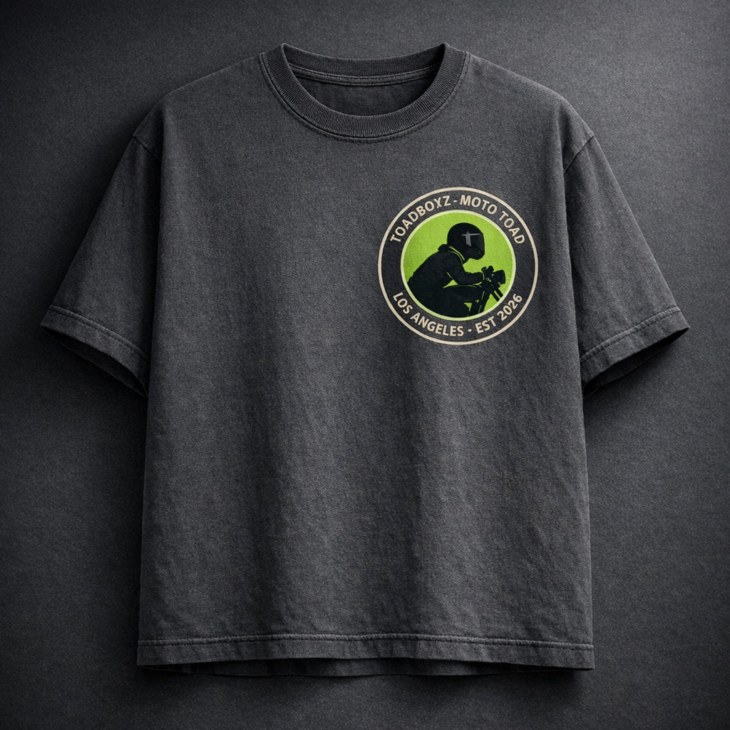 Toadboyz Moto Toad Tee — front, washed charcoal, left chest patch