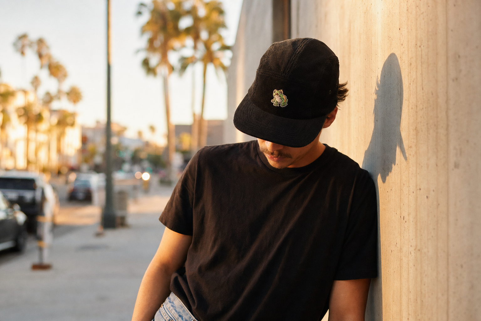 Lifestyle — black corduroy snapback, LA street golden hour