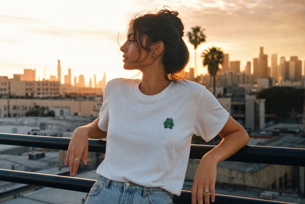 Lifestyle — white tee with toad mark, rooftop sunset LA