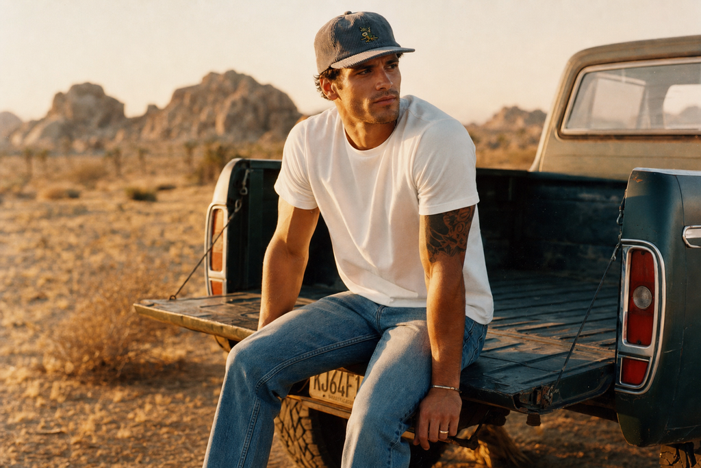 Lifestyle — grey corduroy snapback, desert golden hour