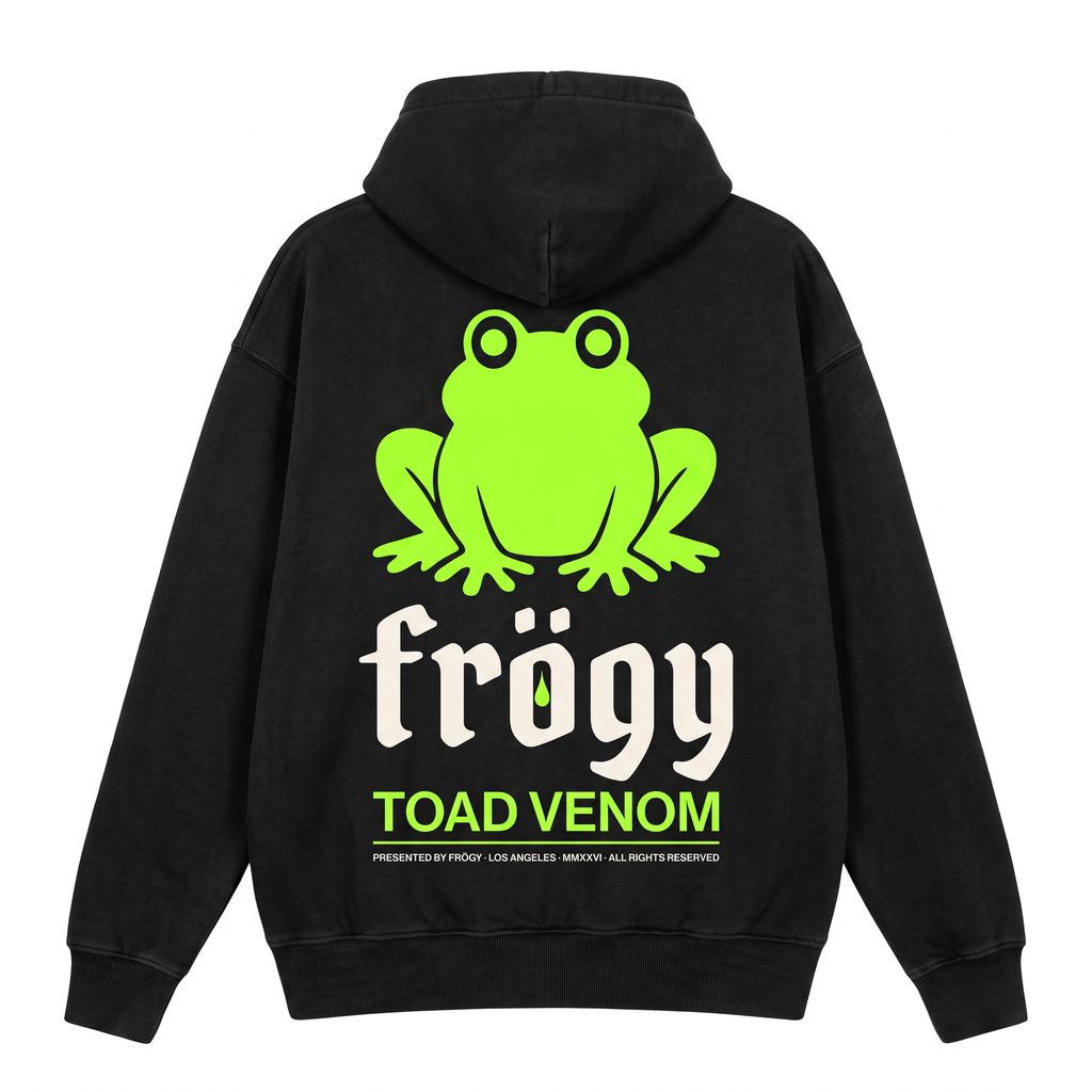 Frögy Toad Venom Hoodie back - toad mascot + blackletter frögy