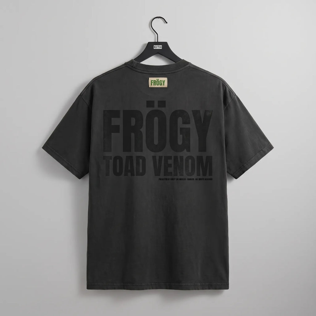Frögy Toad Venom Halftone Tee in Washed Black, back — tonal stacked FRÖGY over TOAD VENOM
