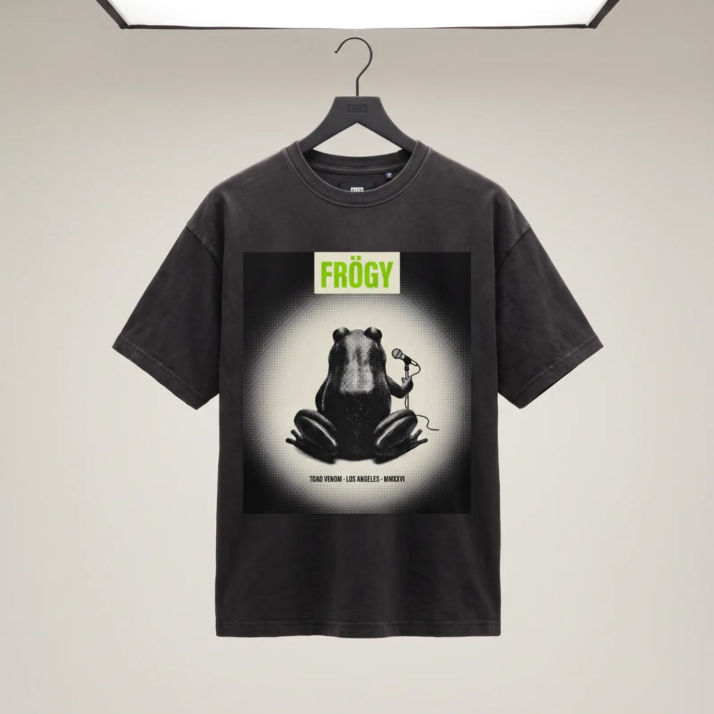 Frögy Toad Venom Halftone Tee in Washed Black, front — slime-green FRÖGY box logo above halftone toad panel