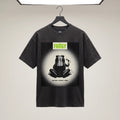 Frögy Toad Venom Halftone Tee in Washed Black, front — slime-green FRÖGY box logo above halftone toad panel