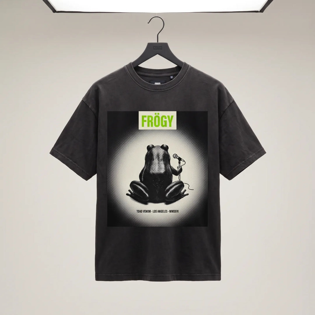 Frögy Toad Venom Halftone Tee in Washed Black, front — slime-green FRÖGY box logo above halftone toad panel