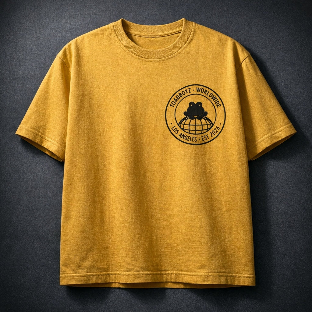 Toadboyz Worldwide Tee — front, mustard